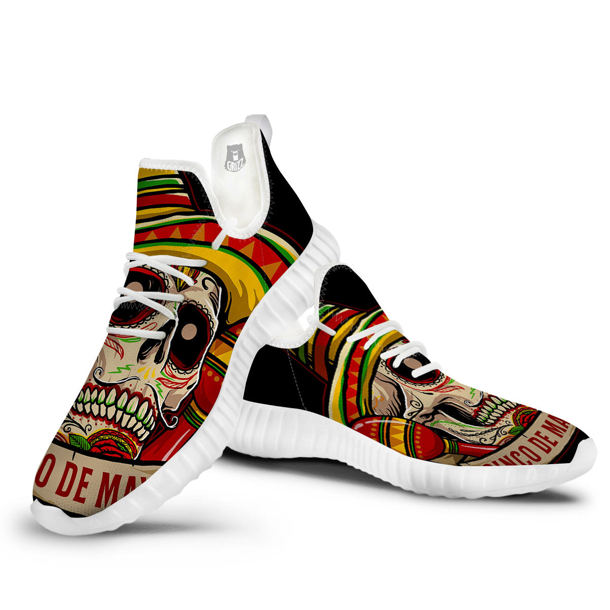 Mexican Skull Cinco de Mayo Print White Walking Shoes-grizzshop