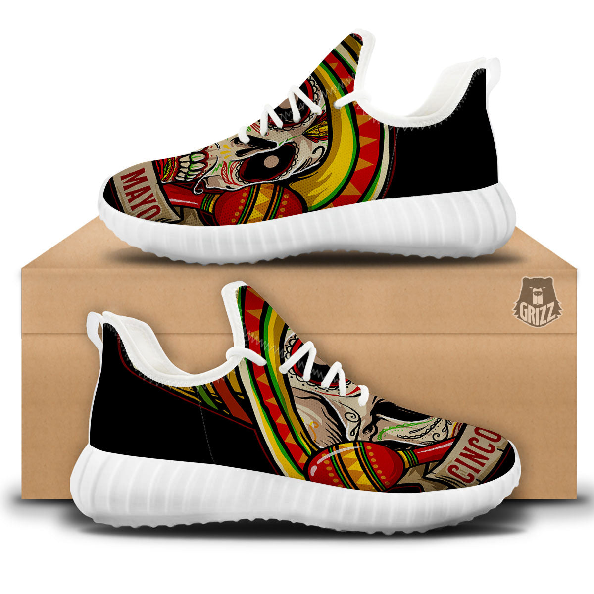 Mexican Skull Cinco de Mayo Print White Walking Shoes-grizzshop