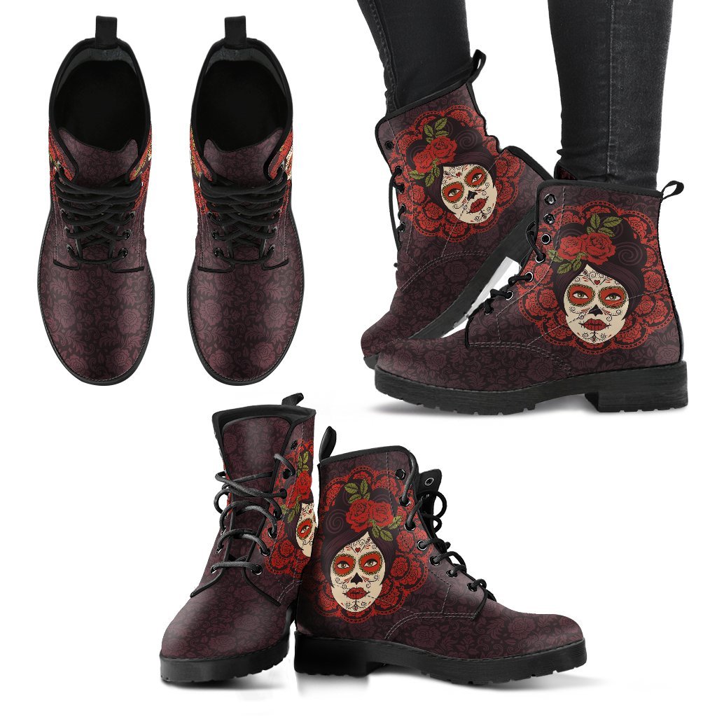 Mexican Skull Girl Women's Leather Boots-grizzshop