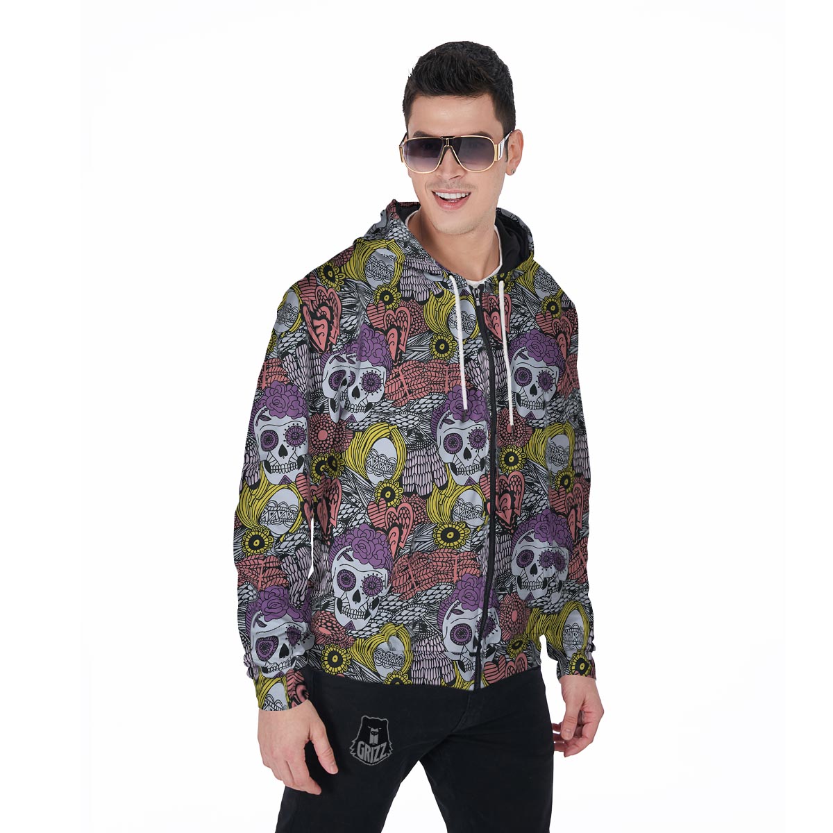 Mexican Skull Men's Zip Up Hoodie-grizzshop