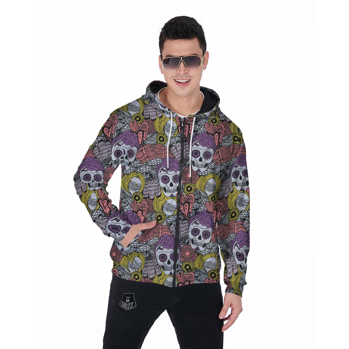 Mexican Skull Men's Zip Up Hoodie-grizzshop