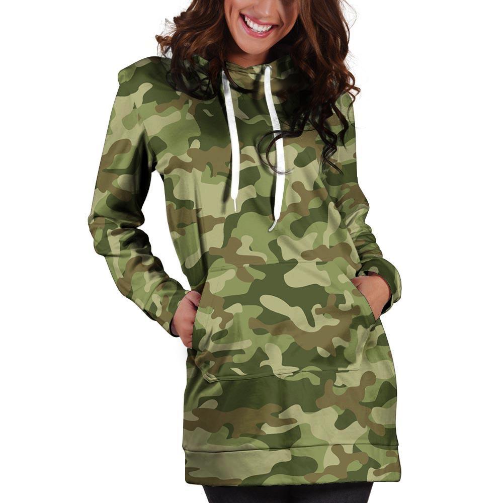 Military Green Camo Print Hoodie Dress-grizzshop