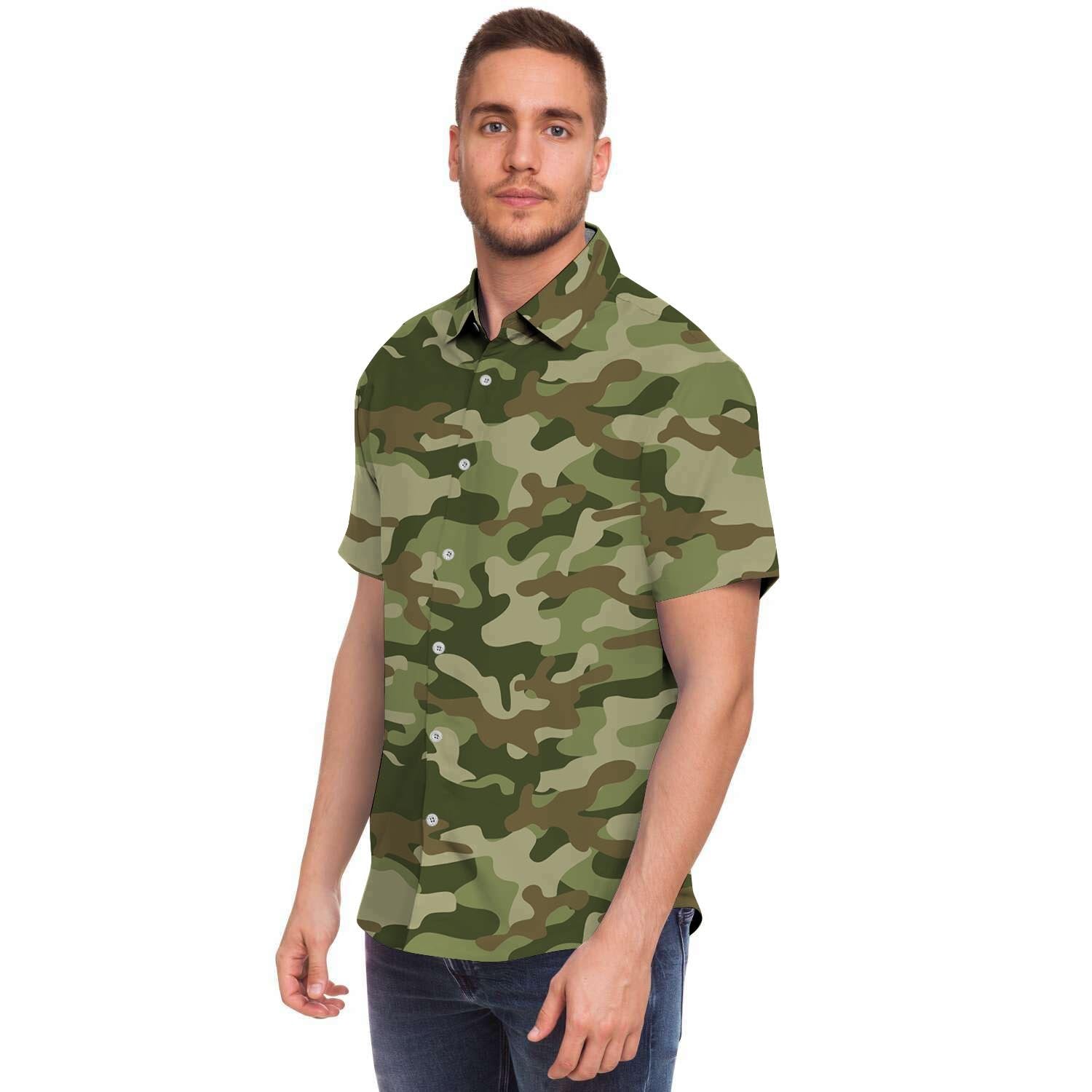 Military Green Camo Print Men's Short Sleeve Shirt-grizzshop