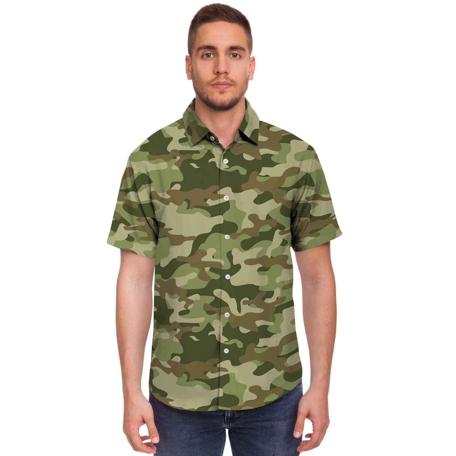 Military Green Camo Print Men's Short Sleeve Shirt-grizzshop