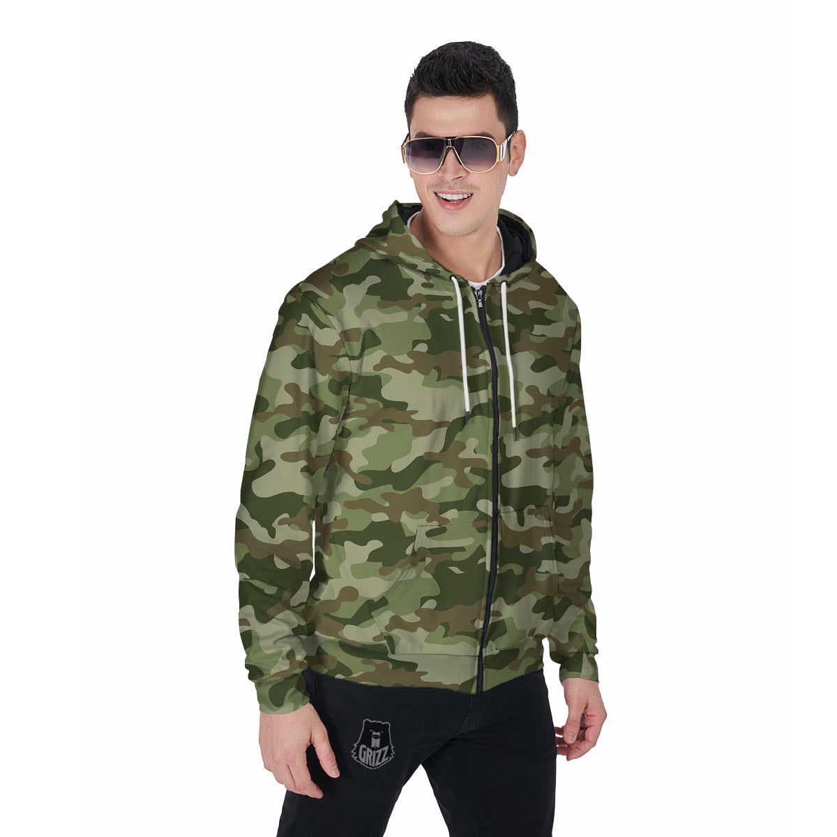 Military Green Camo Print Men's Zip Up Hoodie-grizzshop