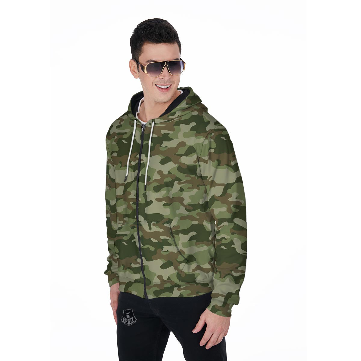 Military Green Camo Print Men's Zip Up Hoodie-grizzshop