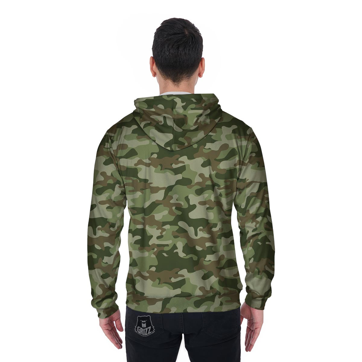 Military Green Camo Print Men's Zip Up Hoodie-grizzshop