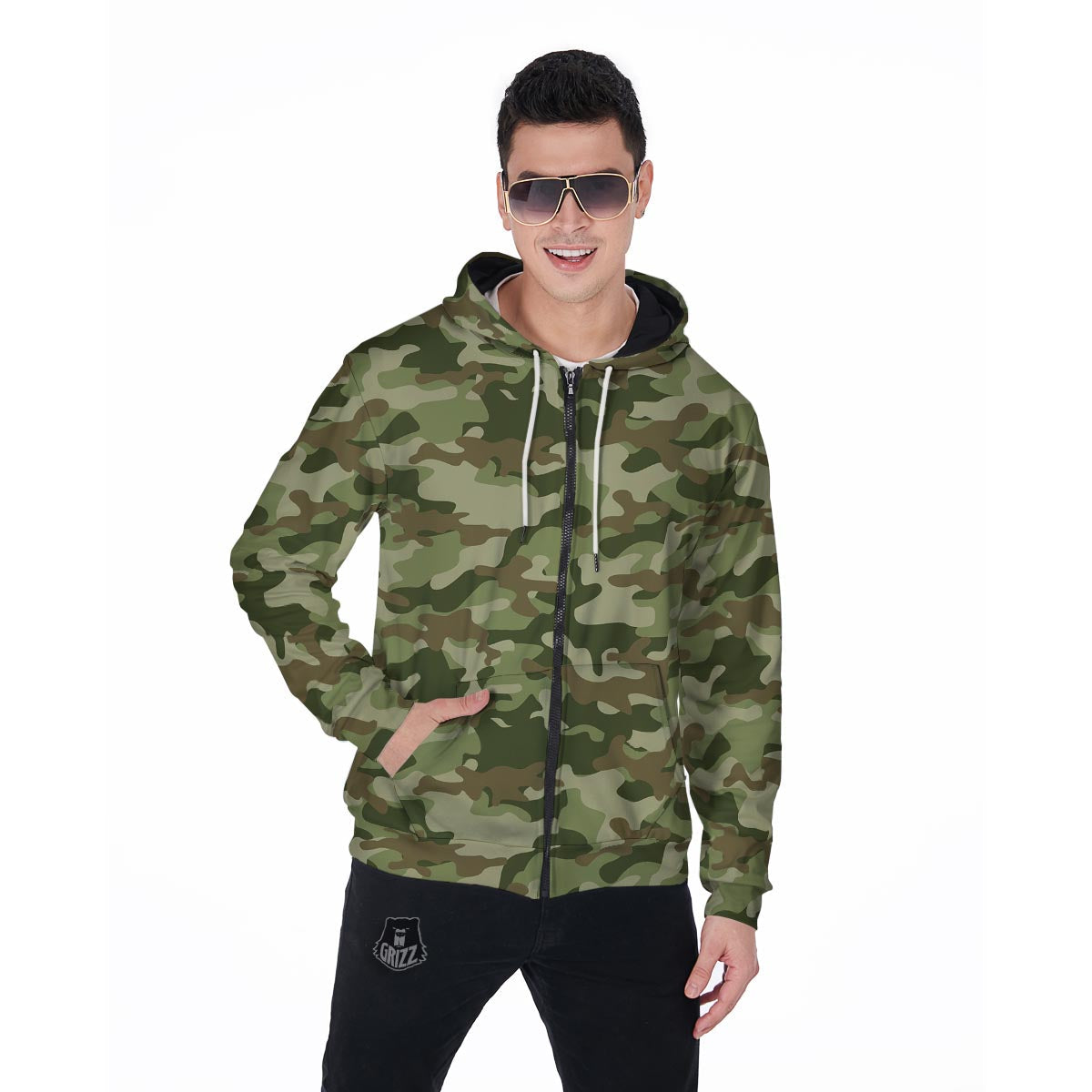 Military Green Camo Print Men's Zip Up Hoodie-grizzshop