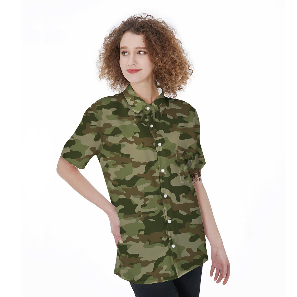 Military Green Camo Print Women's Short Sleeve Shirts-grizzshop