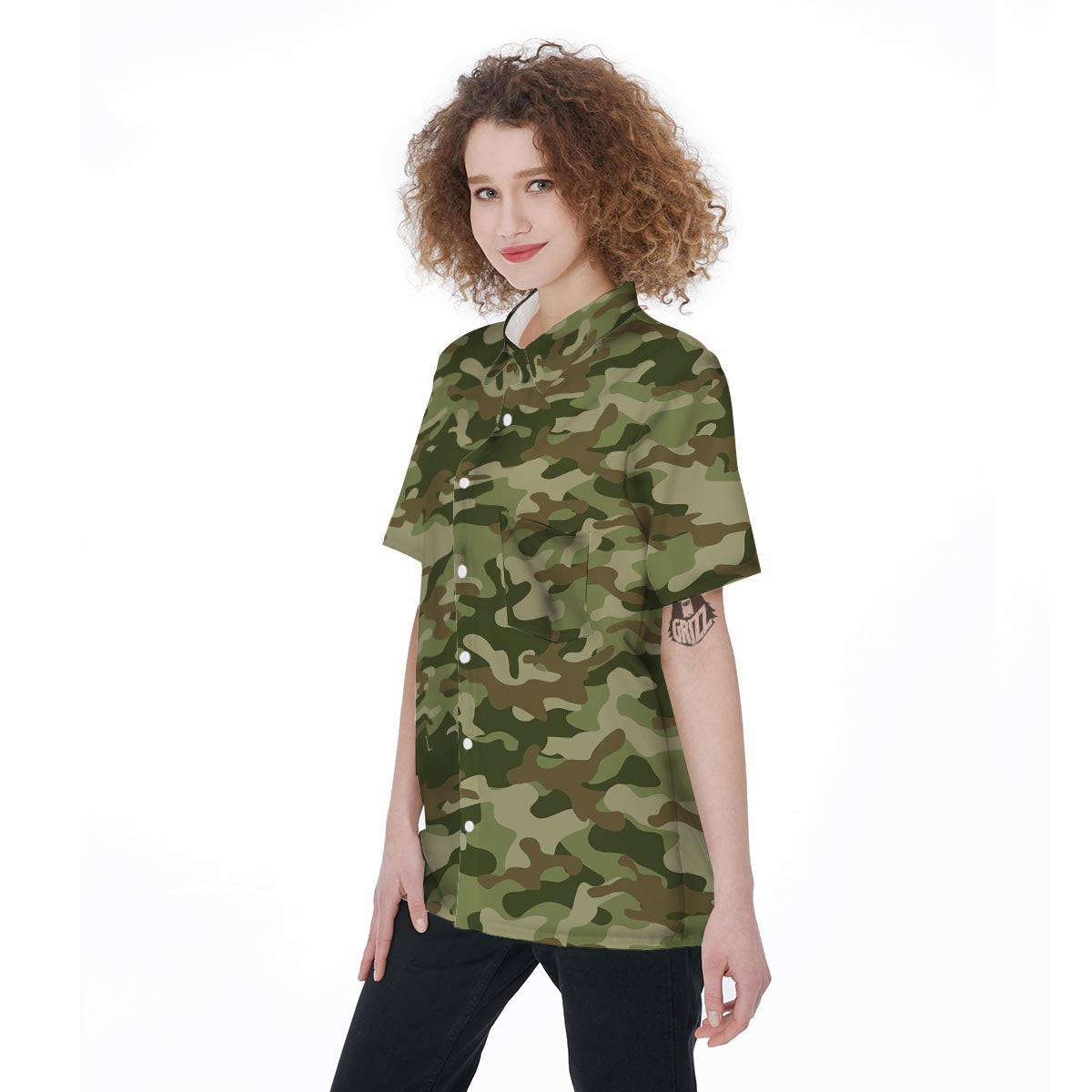 Military Green Camo Print Women's Short Sleeve Shirts-grizzshop