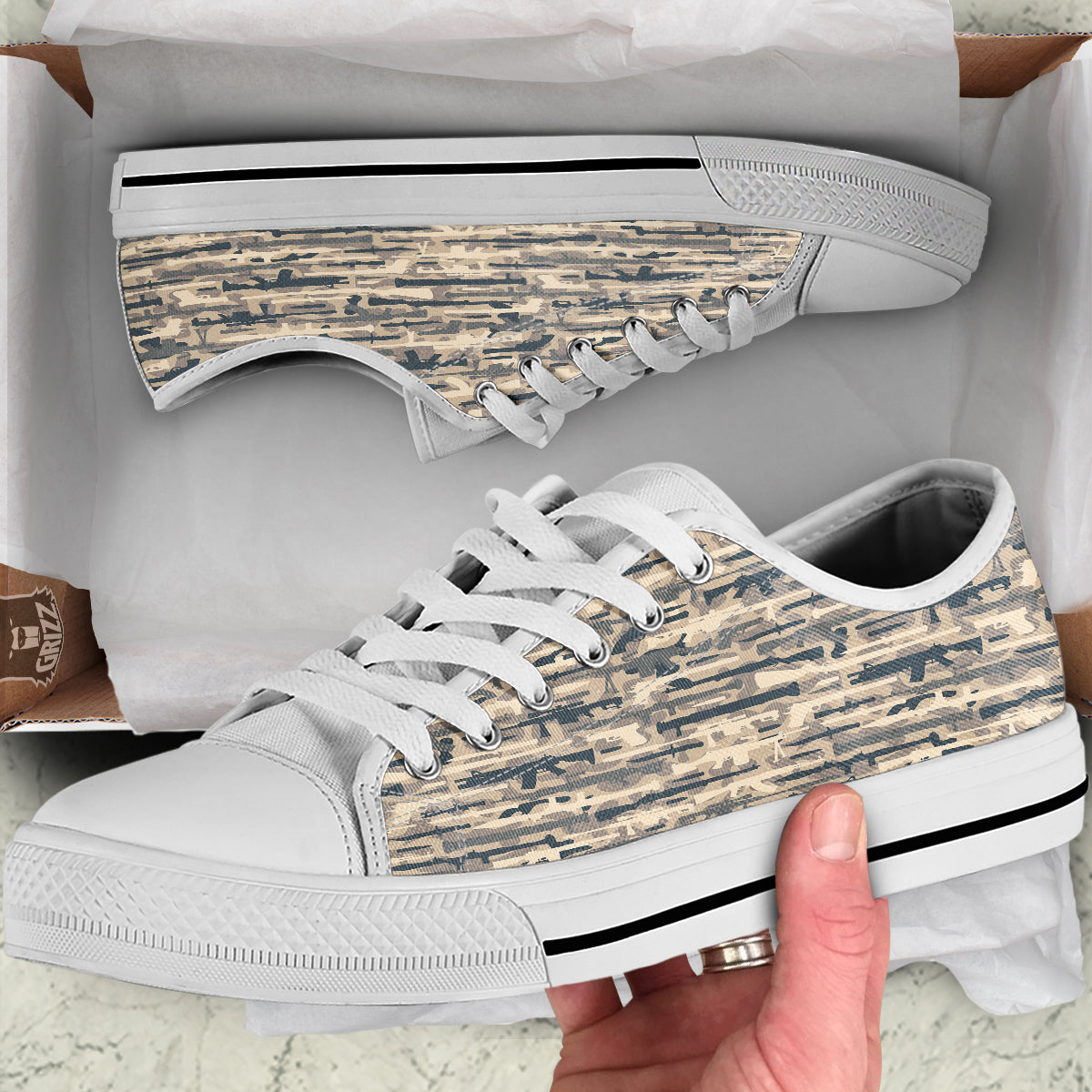 Military Gun Air Force Camo Print White Low Top Shoes-grizzshop
