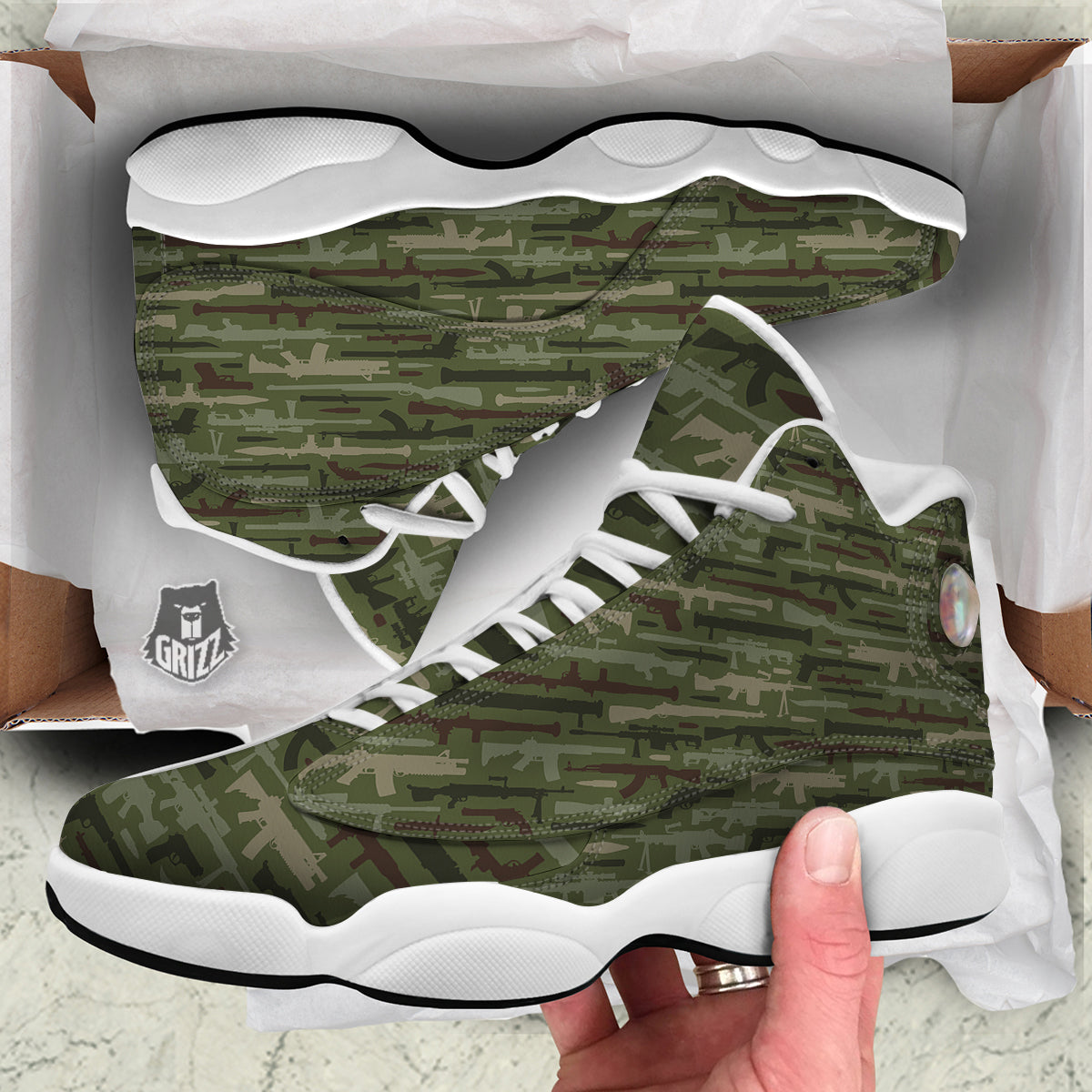 Military Gun Camo Print White Basketball Shoes-grizzshop
