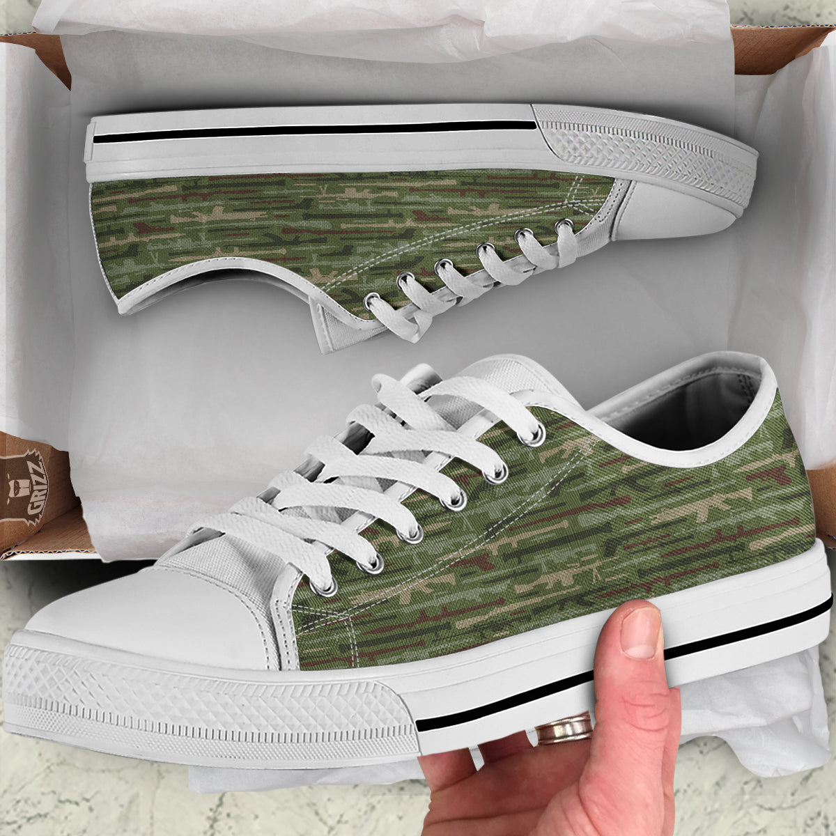 Military Gun Camo Print White Low Top Shoes-grizzshop