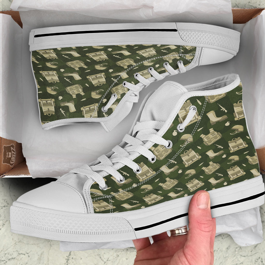 Military Helmet Backpack Print Pattern White High Top Shoes-grizzshop