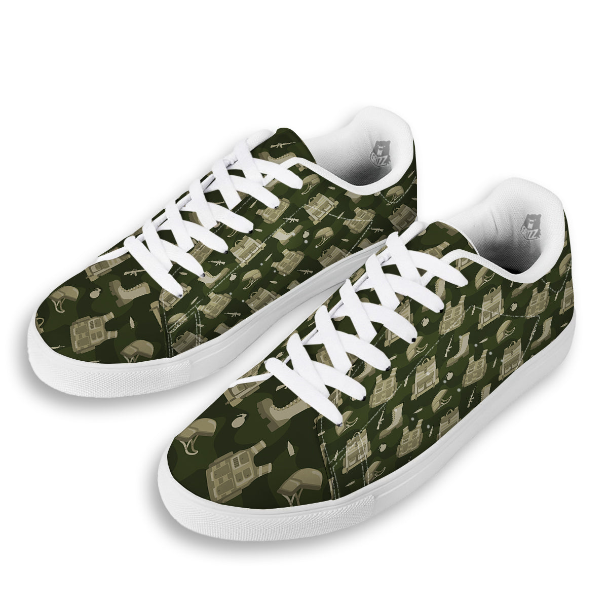 Military Helmet Backpack Print Pattern White Low Top Sneakers-grizzshop