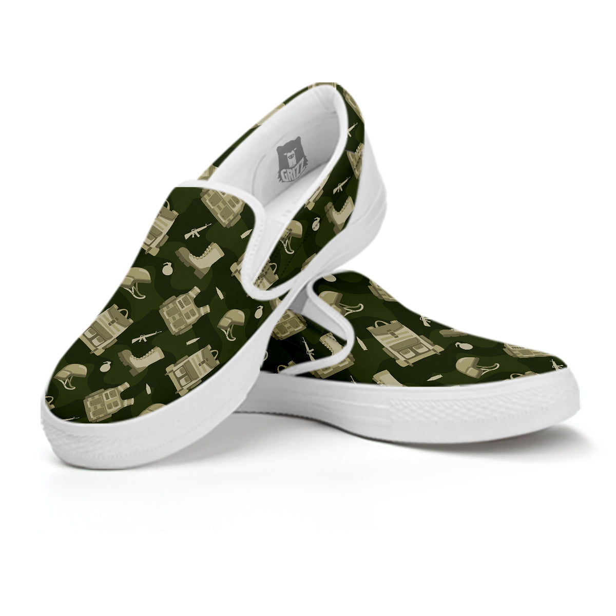 Military Helmet Backpack Print Pattern White Slip On Shoes-grizzshop