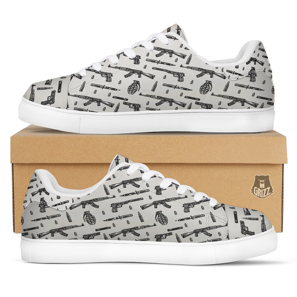 Military Weapon Vintage Print Pattern White Low Top Sneakers-grizzshop