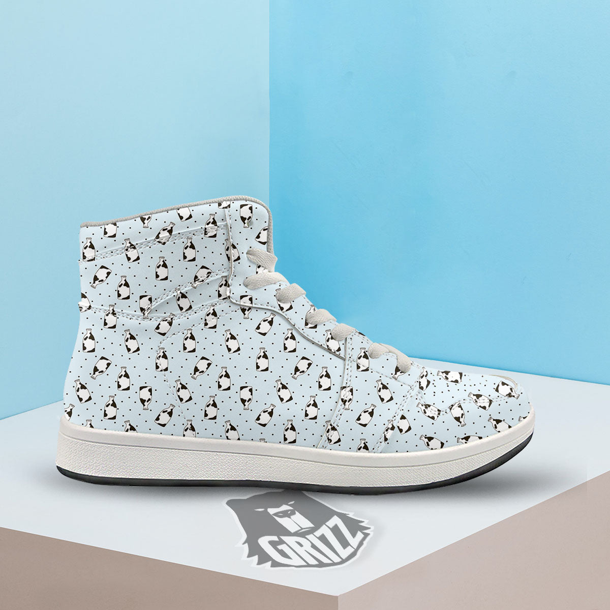 Milk Bottle Cow Print Pattern High Top Sneakers-grizzshop