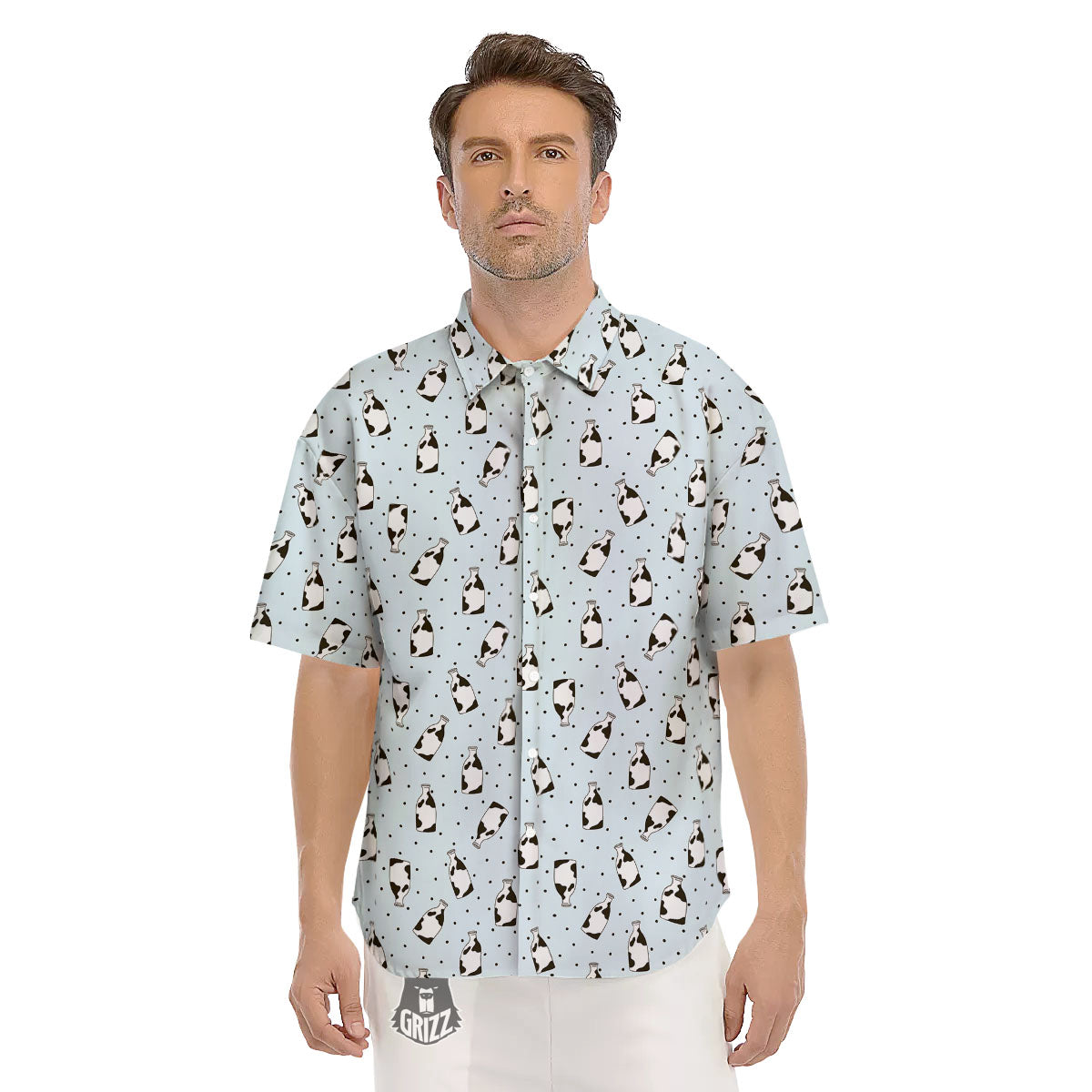 Milk Bottle Cow Print Pattern Men's Short Sleeve Shirts-grizzshop