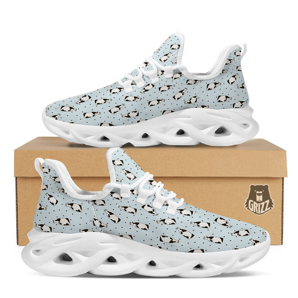 Milk Bottle Cow Print Pattern White Running Shoes-grizzshop
