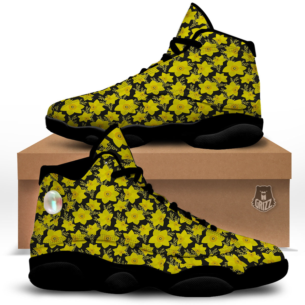 Mimosa And Daffodil Print Pattern Black Basketball Shoes-grizzshop