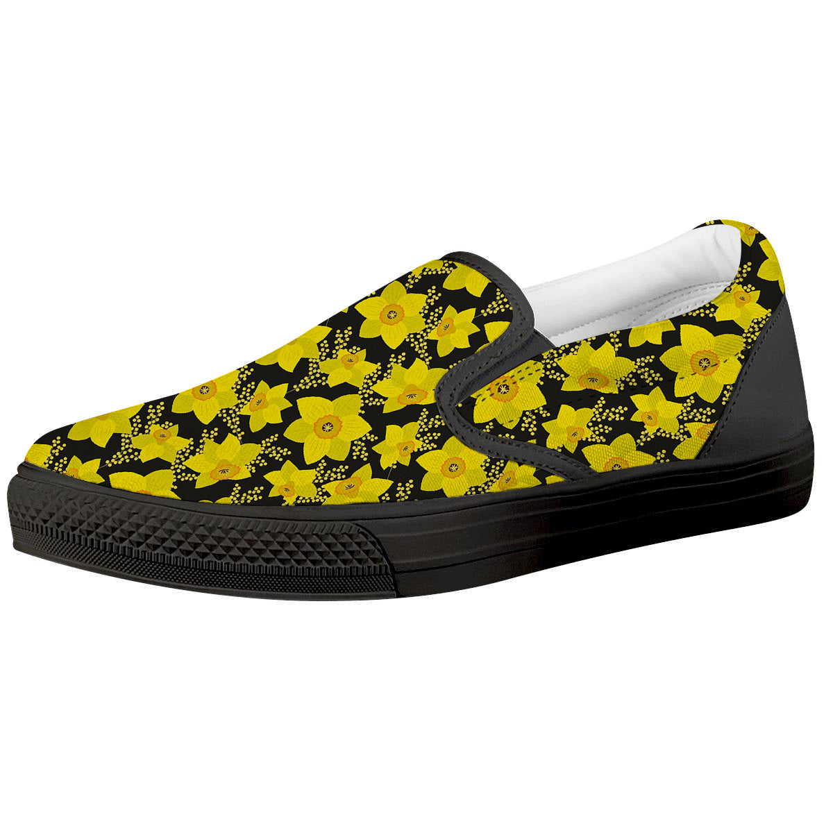 Mimosa And Daffodil Print Pattern Black Slip On Shoes-grizzshop