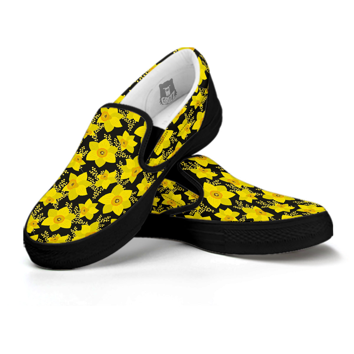 Mimosa And Daffodil Print Pattern Black Slip On Shoes-grizzshop