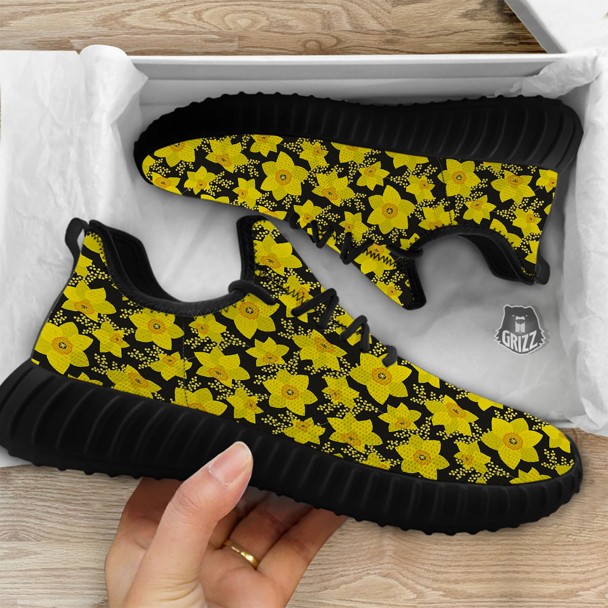 Mimosa And Daffodil Print Pattern Black Walking Shoes-grizzshop