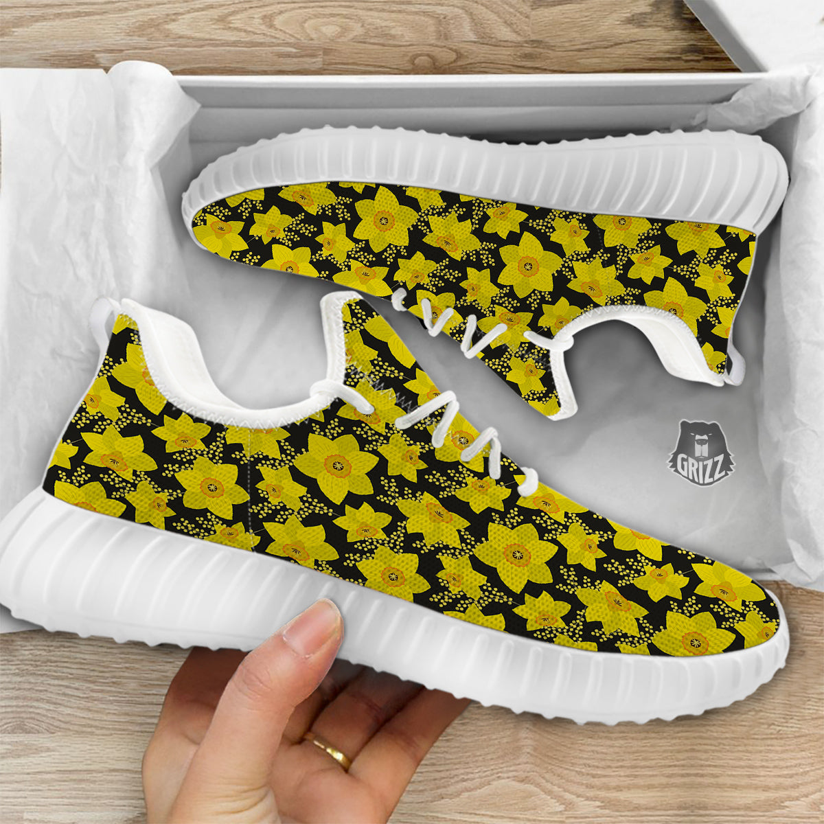 Mimosa And Daffodil Print Pattern White Walking Shoes-grizzshop