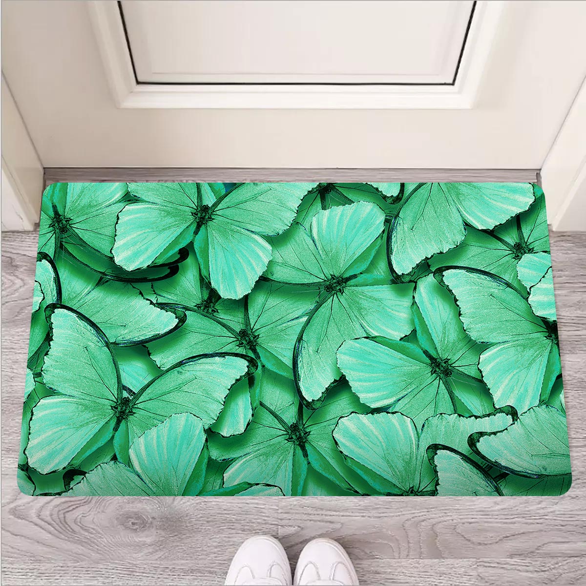 Mint Green Butterfly Print Door Mat-grizzshop