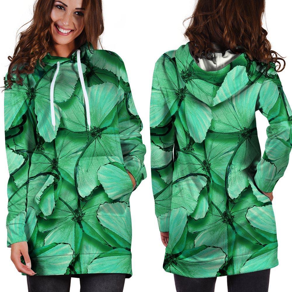 Mint Green Butterfly Print Hoodie Dress-grizzshop