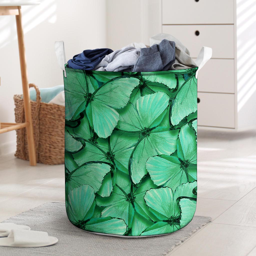 Mint Green Butterfly Print Laundry Basket-grizzshop