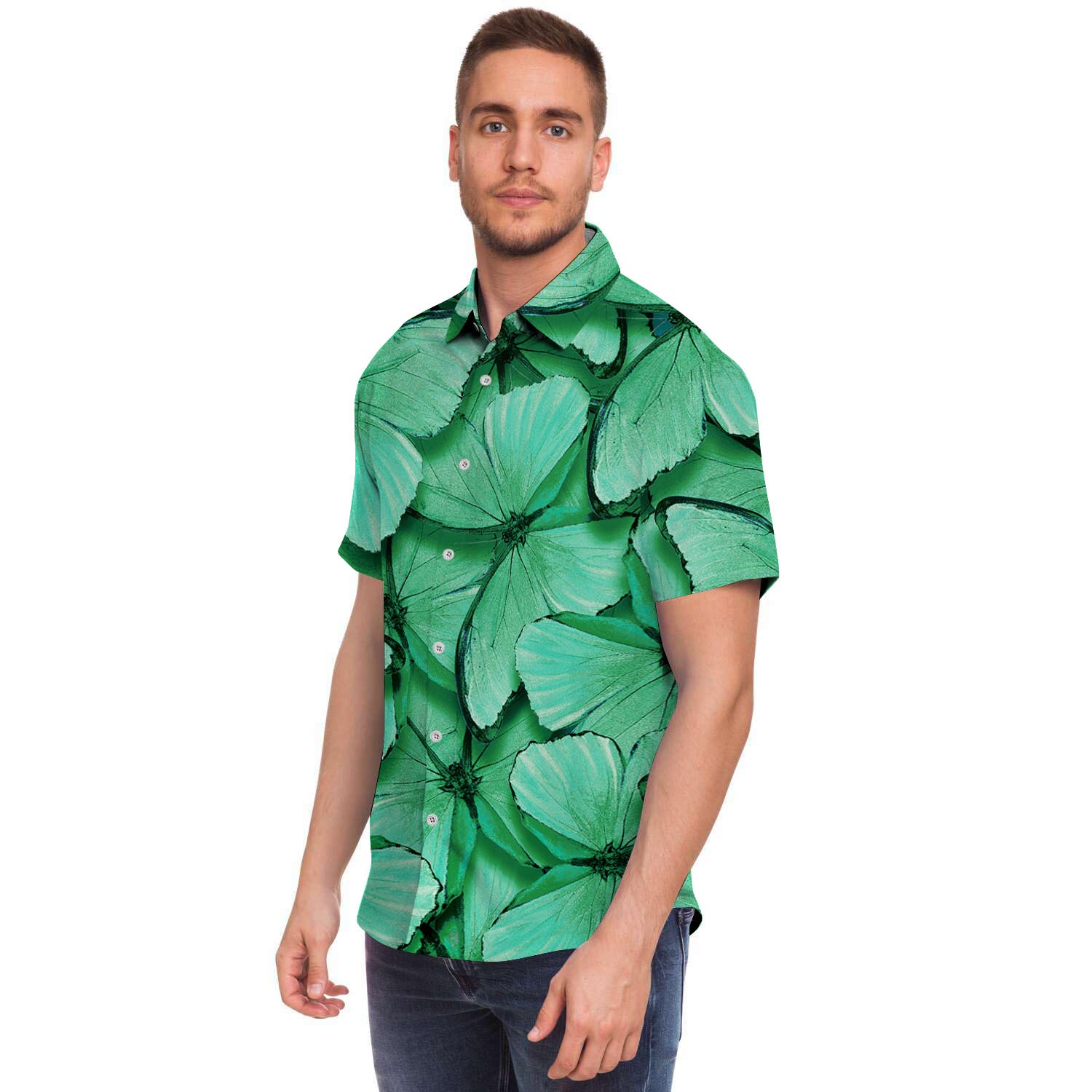 Mint Green Butterfly Print Men's Short Sleeve Shirt-grizzshop