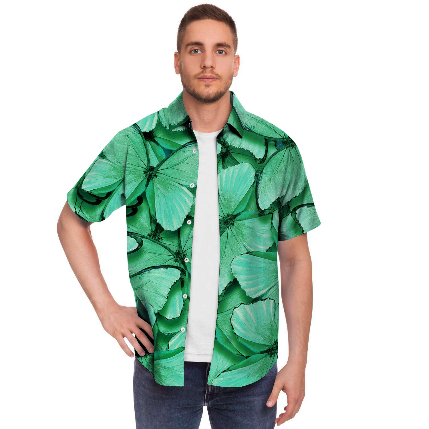 Mint Green Butterfly Print Men's Short Sleeve Shirt-grizzshop