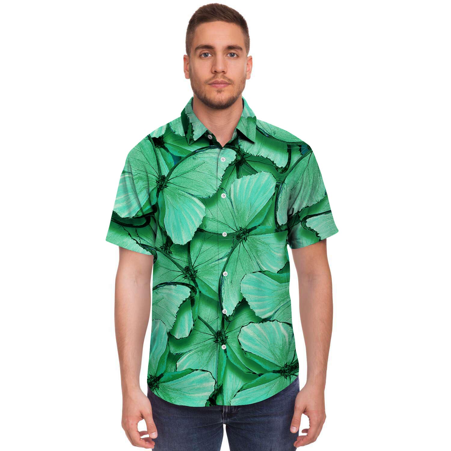 Mint Green Butterfly Print Men's Short Sleeve Shirt-grizzshop