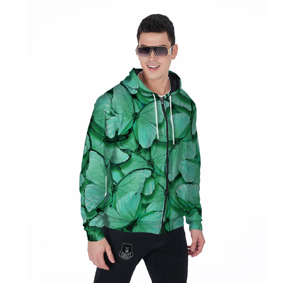 Mint Green Butterfly Print Men's Zip Up Hoodie-grizzshop