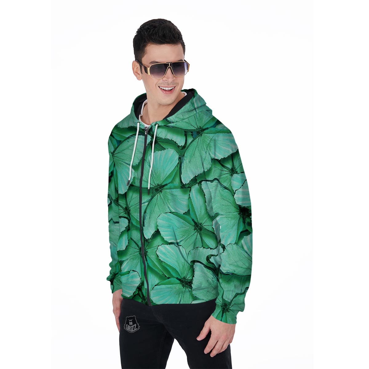 Mint Green Butterfly Print Men's Zip Up Hoodie-grizzshop
