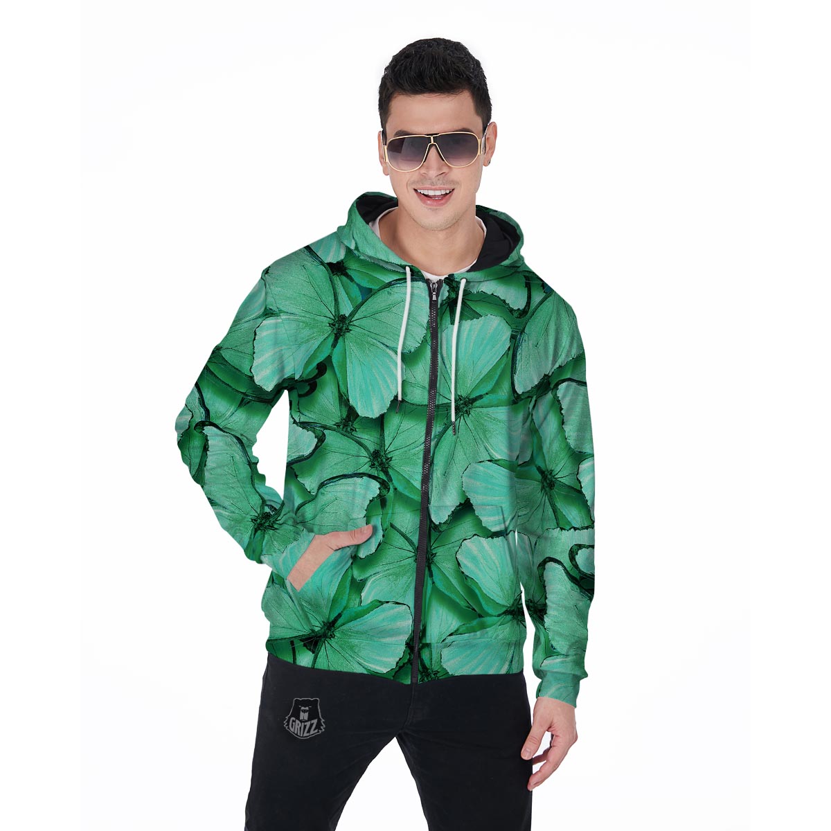 Mint Green Butterfly Print Men's Zip Up Hoodie-grizzshop