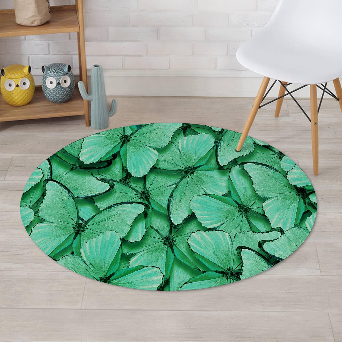 Mint Green Butterfly Print Round Rug-grizzshop