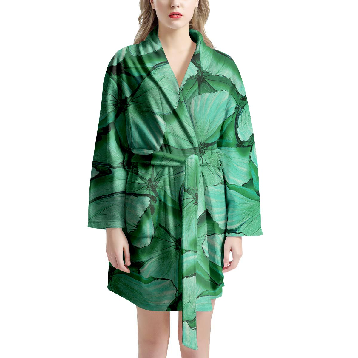 Mint Green Butterfly Print Women's Robe-grizzshop