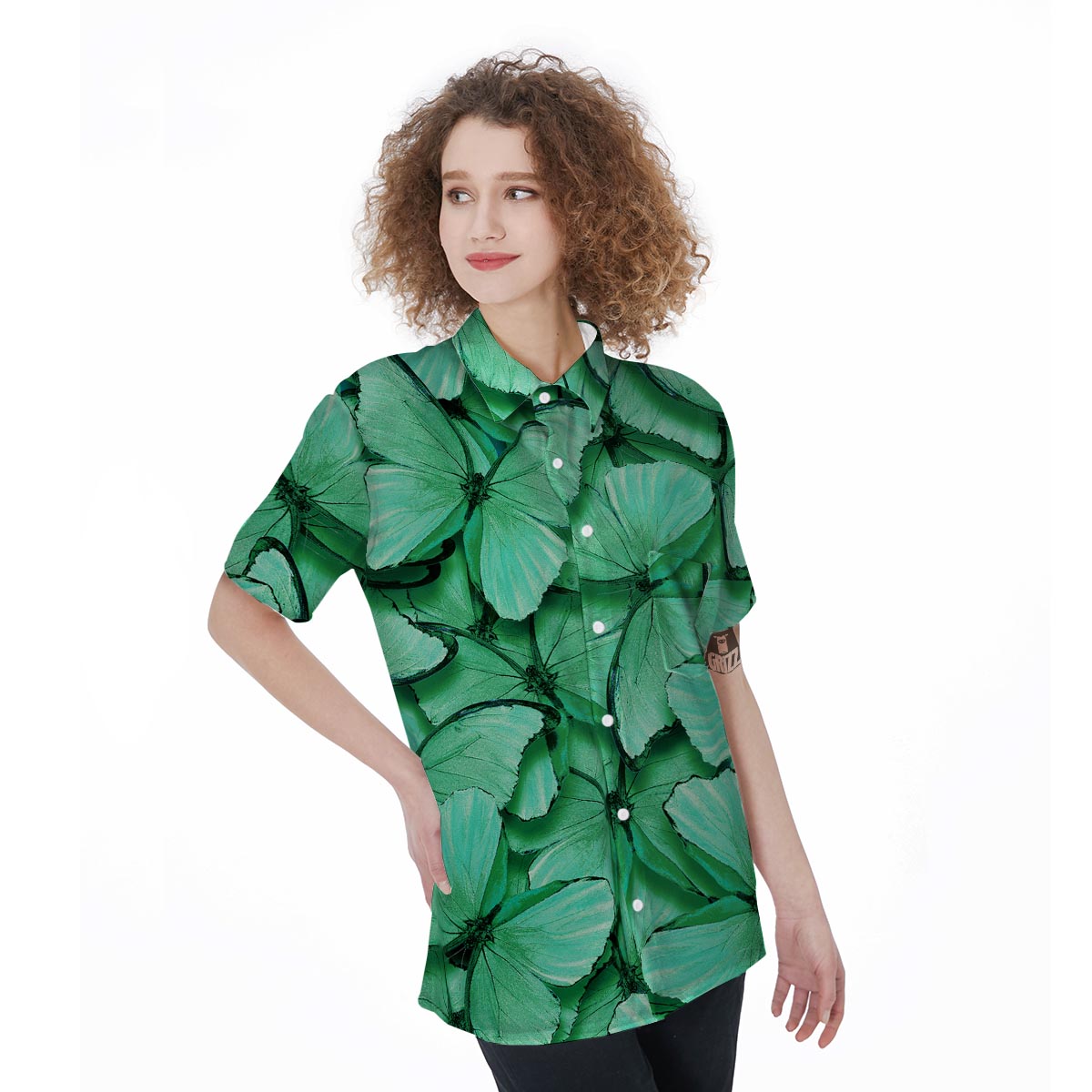 Mint Green Butterfly Print Women's Short Sleeve Shirts-grizzshop