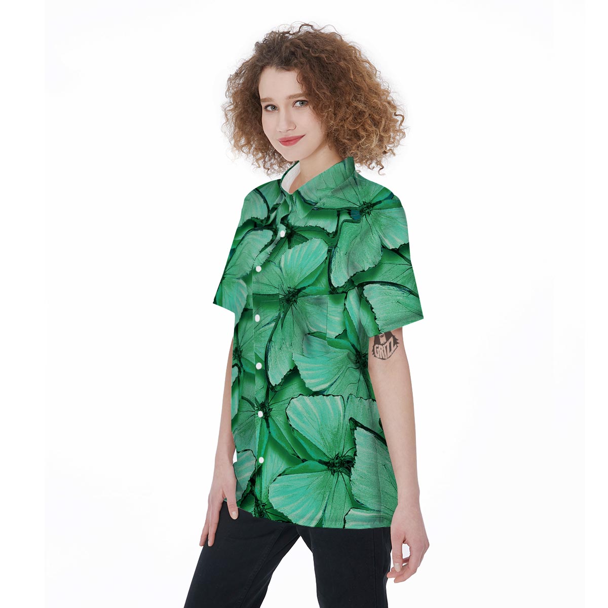 Mint Green Butterfly Print Women's Short Sleeve Shirts-grizzshop