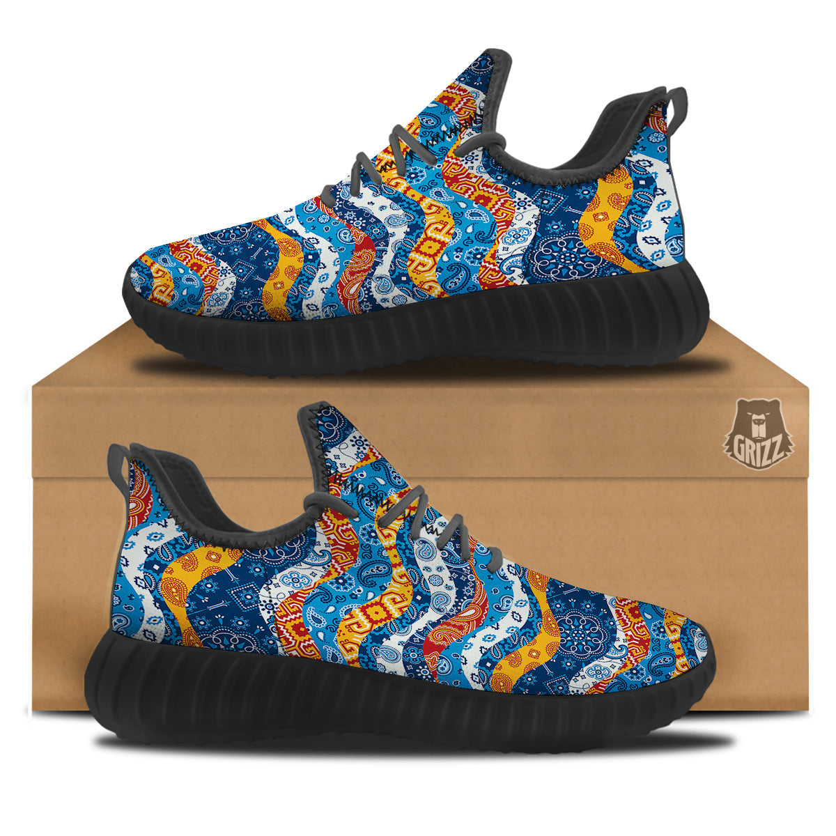 Mix Bandanna Kerchief Print Pattern Black Walking Shoes-grizzshop