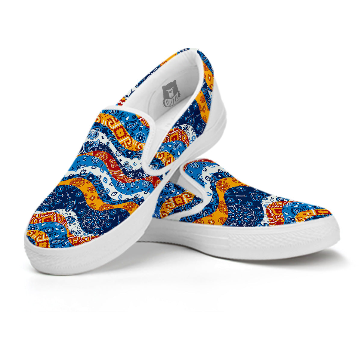 Mix Bandanna Kerchief Print Pattern White Slip On Shoes-grizzshop