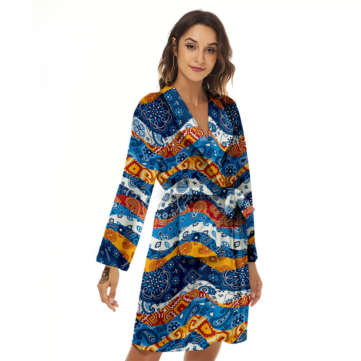 Mix Bandanna Kerchief Print Pattern Women's Robe-grizzshop