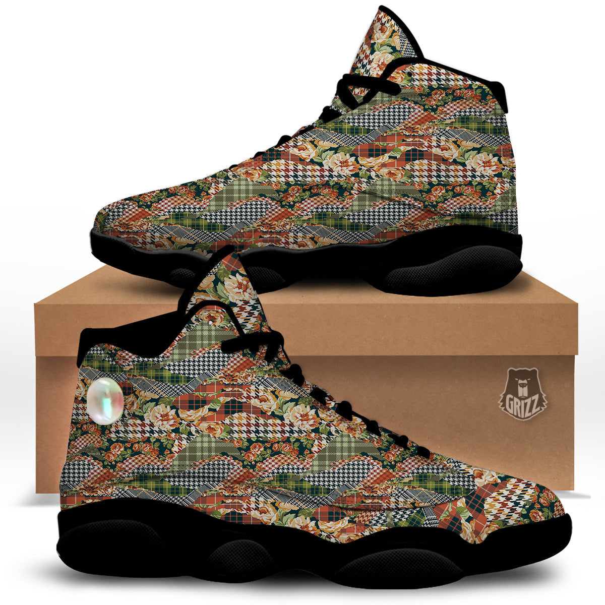 Mix Houndstooth Tartan Print Pattern Black Basketball Shoes-grizzshop