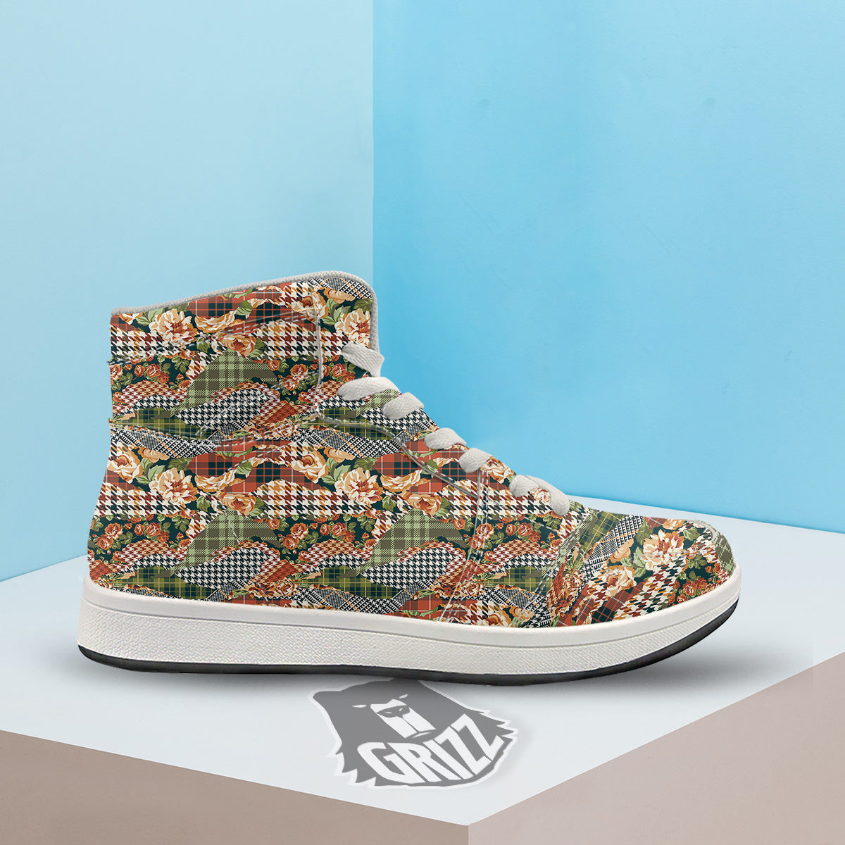 Mix Houndstooth Tartan Print Pattern High Top Sneakers-grizzshop