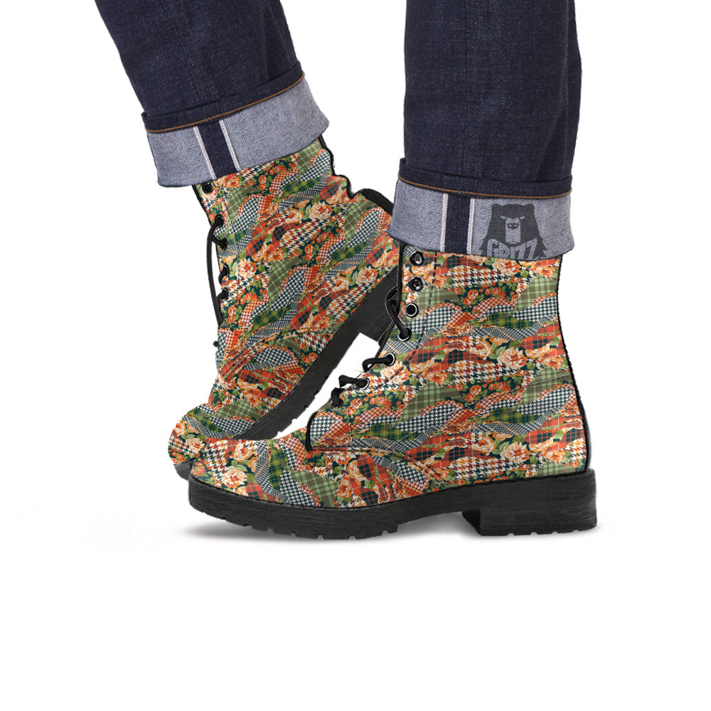 Mix Houndstooth Tartan Print Pattern Leather Boots-grizzshop