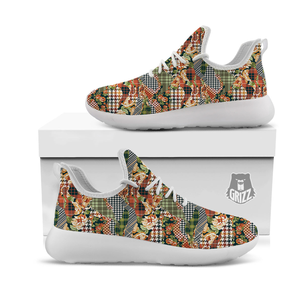 Mix Houndstooth Tartan Print Pattern White Athletic Shoes-grizzshop