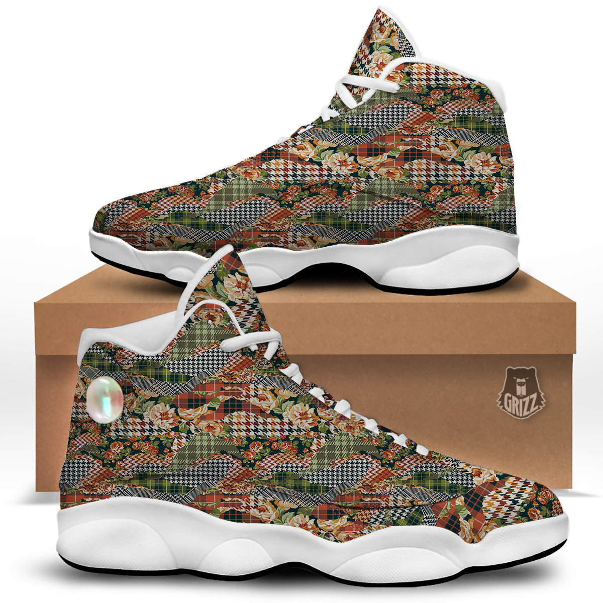 Mix Houndstooth Tartan Print Pattern White Basketball Shoes-grizzshop